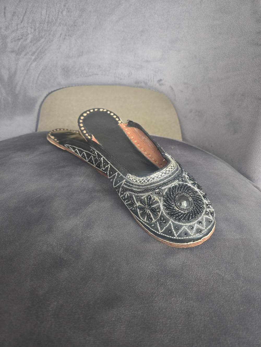 Handmade Indian Mojari Jutti Khussa Mules Black Beaded Embroidered Shoes Women 6